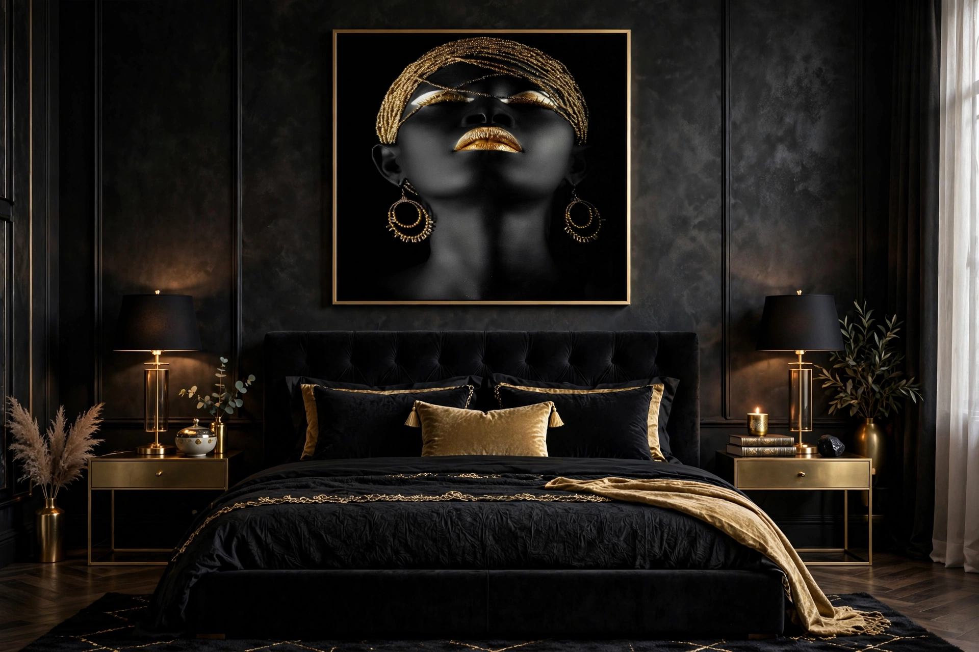 Framed portrait canvas print displayed in a bedroom
